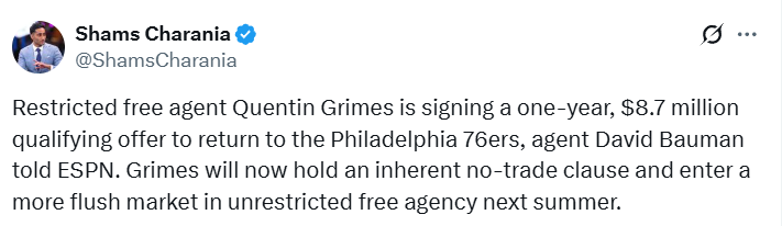 星空体育在线官网-尘埃落定!格雷姆斯与76人签874万资质报价 明夏成完全自由球员